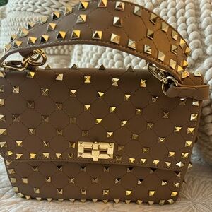 Kiki Kouture  leather designer high end bag , tan with pyramid gold studs.